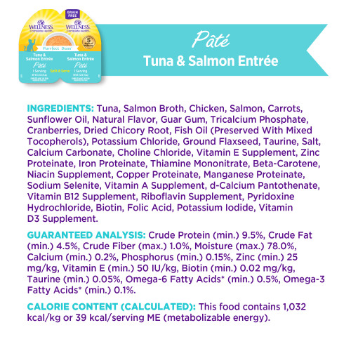 <p>Tuna, Salmon Broth, Chicken, Salmon, Carrots, Sunflower Oil, Natural Flavor, Guar Gum, Tricalcium Phosphate, Cranberries, Dried Chicory Root, Fish Oil (Preserved With Mixed Tocopherols), Potassium Chloride, Ground Flaxseed, Taurine, Salt, Calcium Carbonate, Choline Chloride, Vitamin E Supplement, Zinc Proteinate, Iron Proteinate, Thiamine Mononitrate, Beta-Carotene, Niacin Supplement, Copper Proteinate, Manganese Proteinate, Sodium Selenite, Vitamin A Supplement, d-Calcium Pantothenate, Vitamin B12 Supplement, Riboflavin Supplement, Pyridoxine Hydrochloride, Biotin, Folic Acid, Potassium Iodide, Vitamin D3 Supplement.</p>
