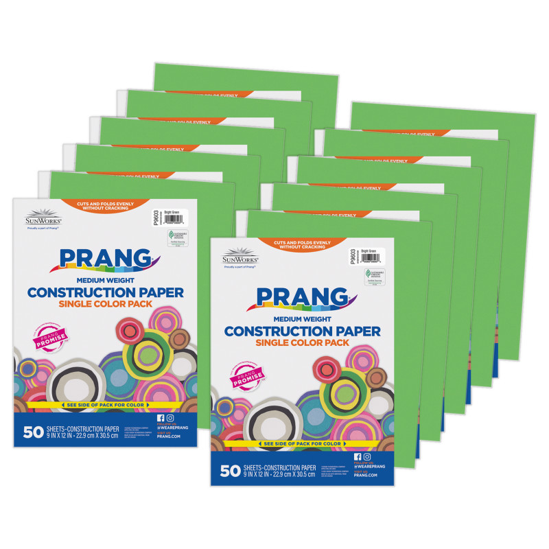 Construction Paper, Medium Weight, Bright Green, 9" x 12", 50 Sheets Per Pack, 10 Packs