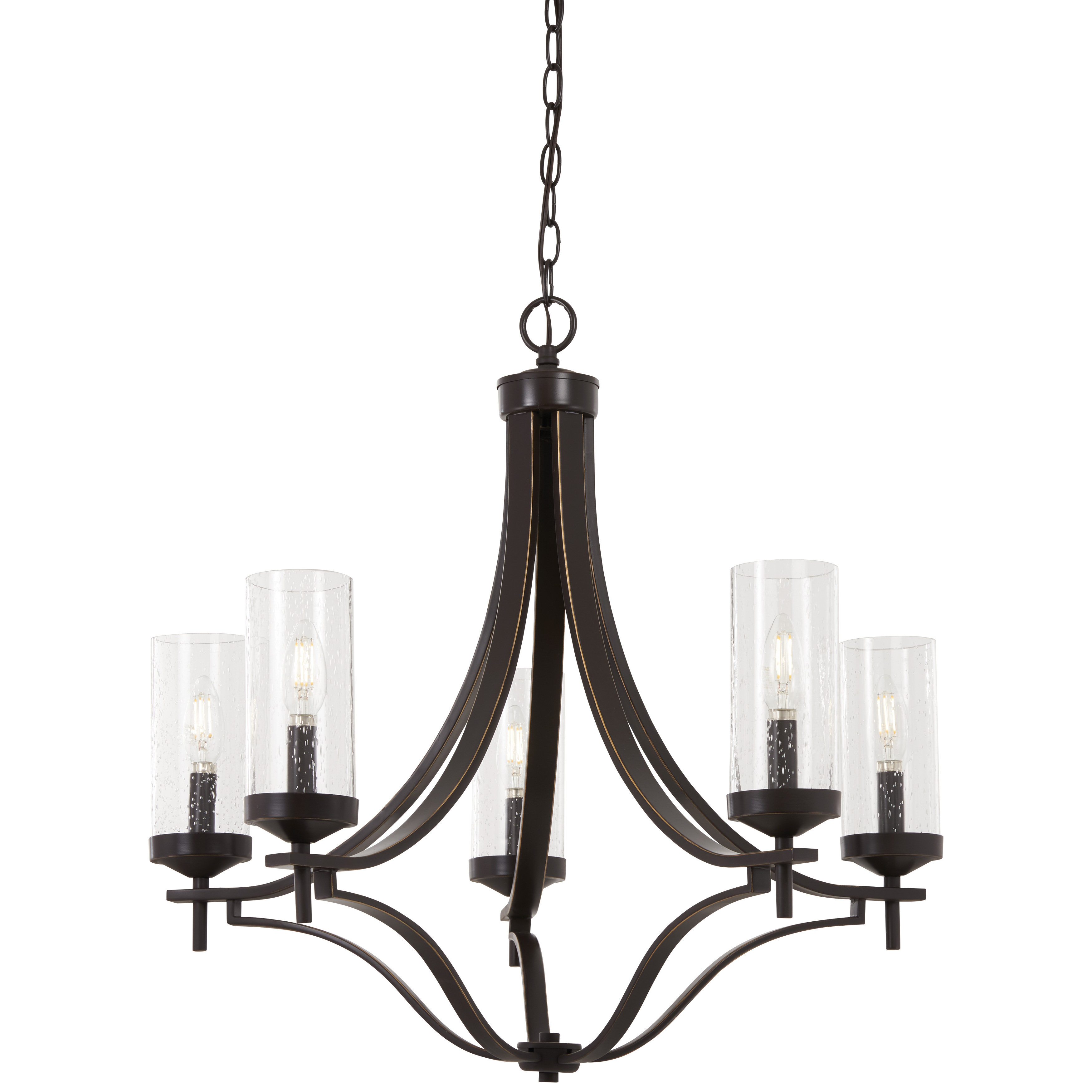 The Elyton 5-Light Chandelier blends traditional elegance with transitional styling through its Downtown Bronze finish accented with gold highlights. Clear seeded glass shades add vintage charm while the 26-inch width makes it perfect for medium-sized dining rooms and foyers. - alternate view