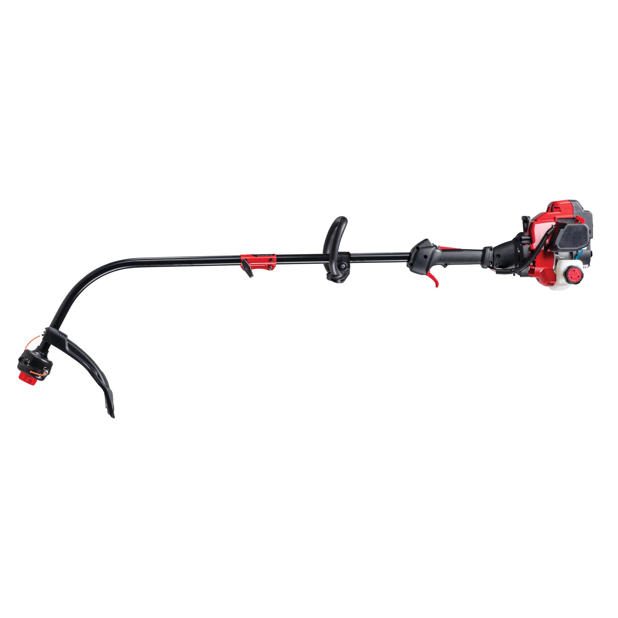 Profile of 2 Cycle 17 inch curved shaft gas weedwacker trimmer.