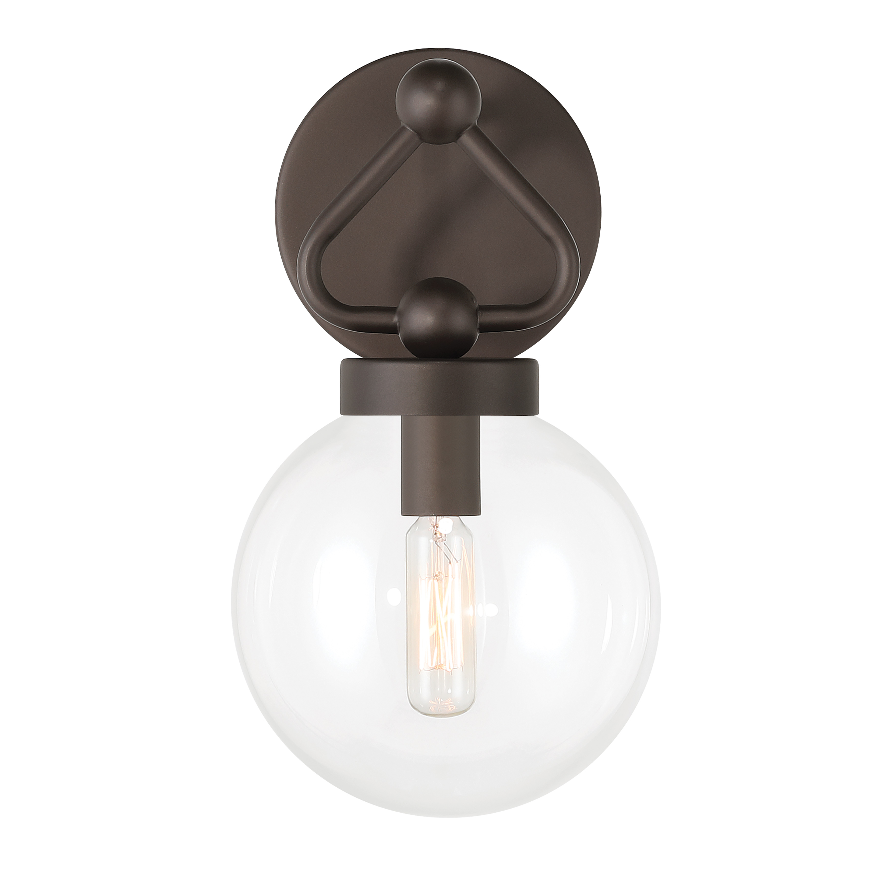 The Stella 6" vanity light combines a sleek dark bronze finish with clear glass for a refined transitional look. Its compact 6-inch width makes it ideal for smaller bathrooms or powder rooms where space is limited. - alternate view