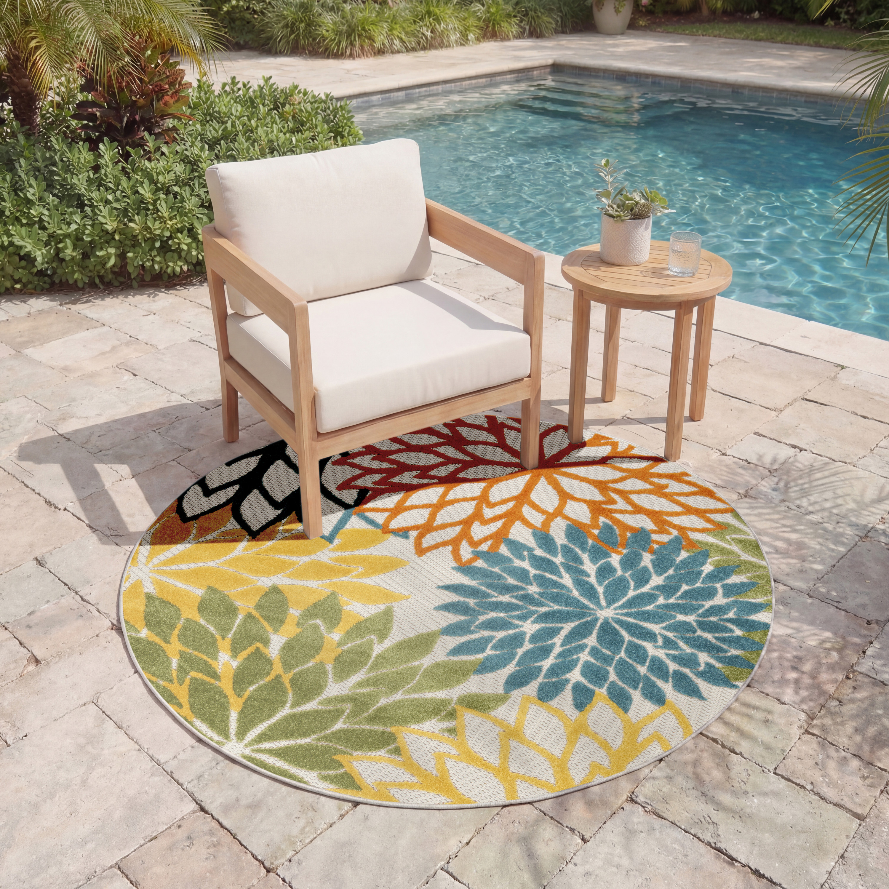 Nourison Aloha 4' x Round Turquoise Multicolor Tropical Rug