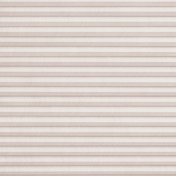 Beige textured pleated cellular blind, fully lowered and closed with horizontal folds; filtering soft, diffused daylight and obscuring the outside in a neutral interior setting.