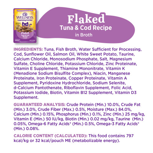 <p>Tuna, Fish Broth, Water Sufficient for Processing, Cod, Sunflower Oil, Salmon Oil, White Sweet Potato, Taurine, Calcium Chloride, Monosodium Phosphate, Salt, Magnesium Sulfate, Choline Chloride, Potassium Chloride, Zinc Proteinate, Vitamin E Supplement, Thiamine Mononitrate, Vitamin K (Menadione Sodium Bisulfite Complex), Niacin, Manganese Proteinate, Iron Proteinate, Copper Proteinate, Vitamin A Supplement, Pyridoxine Hydrochloride, Sodium Selenite, d-Calcium Pantothenate, Riboflavin Supplement, Folic Acid, Potassium Iodide, Biotin, Vitamin B12 Supplement, Vitamin D3 Supplement.</p>
