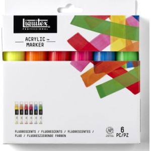 Professional Acrylic Paint Marker, Wide Chisel Nib, 15 mm, Fluorescent Colors, Set of 6