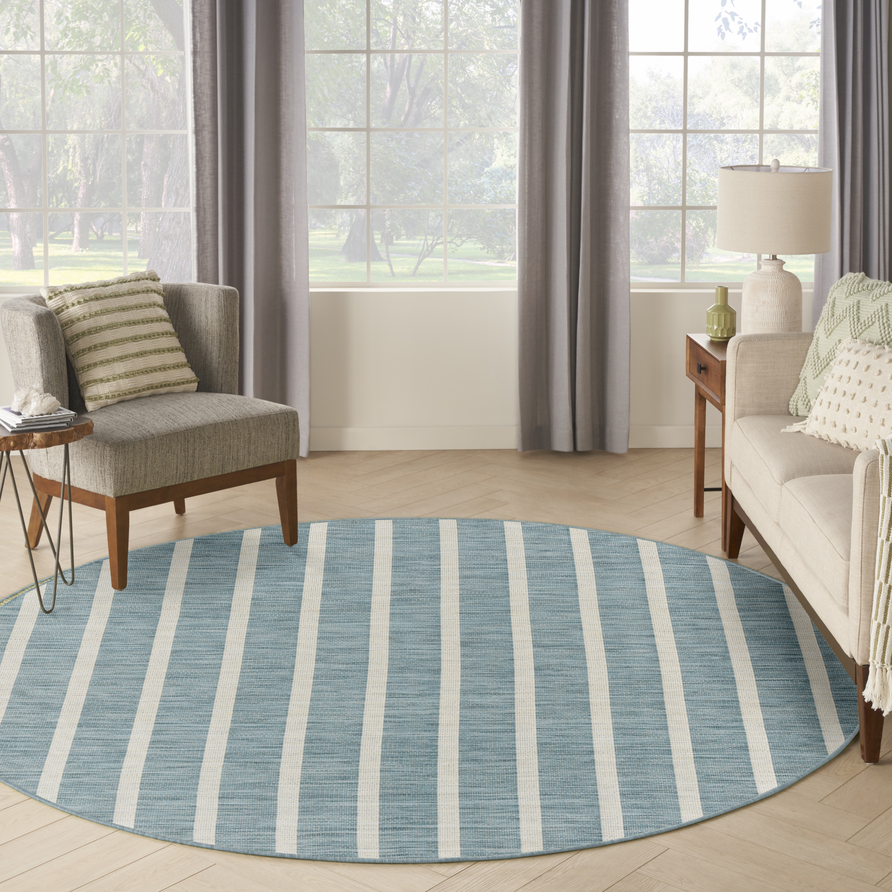 Nourison Positano 8' x Round Aqua Ivory Modern Rug
