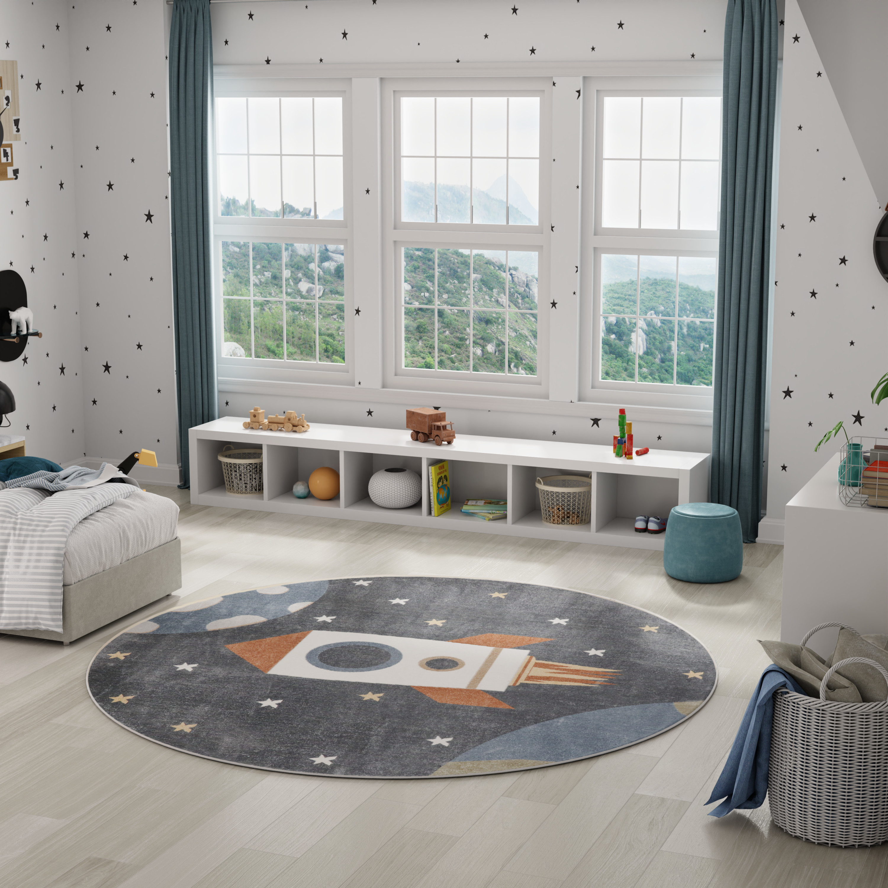 Nourison Astra Machine Washable 7'10" x Round Sky Blue Kids Indoor Rug