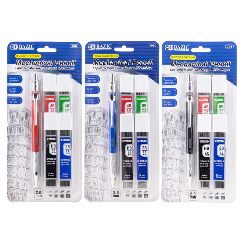 2.0 mm Mechanical Pencil with HB, 2B, 4B & 6B Lead, Assorted Barrel Color, 1 Pencil