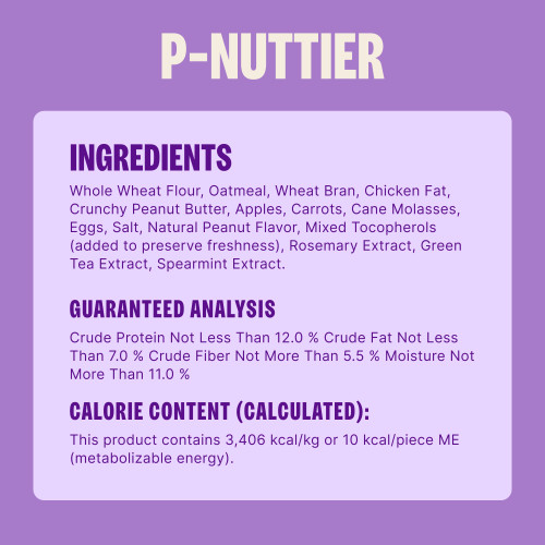 Whole Wheat Flour, Oatmeal, Wheat Bran, Chicken Fat, Crunchy Peanut Butter, Apples, Carrots, Cane Molasses, Eggs, Salt, Natural Peanut Flavor, Mixed Tocopherols (added to preserve freshness), Rosemary Extract, Green Tea Extract, Spearmint Extract.