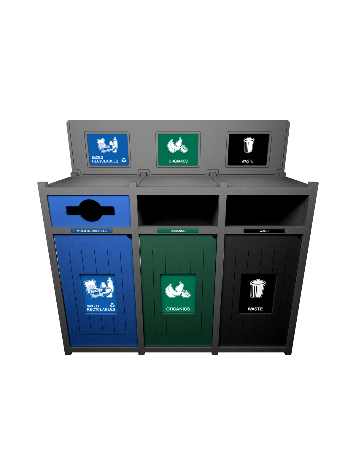VISION – Triple – Unit – Mixed Recyclables-Organics-Waste – Mixed-Full-Full – Grey-Blue-Green-Black