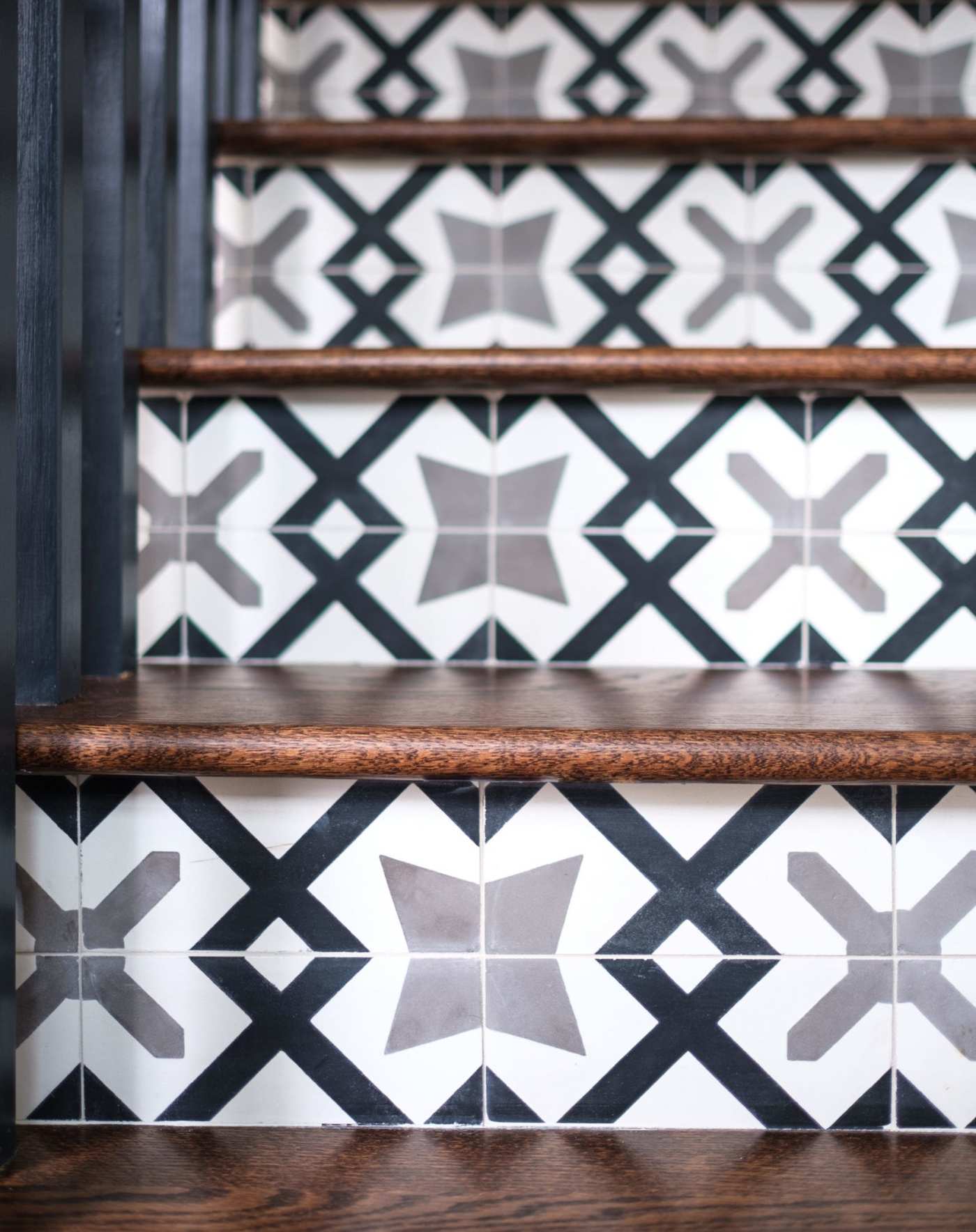 black and white tiled stair treads.