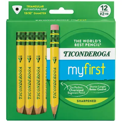 Ticonderoga My First Short Triangular Wood-Cased Pencils, #2 HB Soft, With Erasers, Yellow, 12 Count