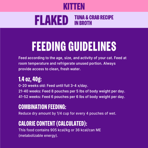 <p>Feed according to the age, size, and activity of your cat. Feed at room temperature and refrigerate unused portion. Always provide access to clean, fresh water. 		</p>
<p>1 Pouch = 1.4 oz (40 g)	</p>
<p>Kittens:<br />
0 – 20 weeks old: Feed until full 3-4 x/day.<br />
21 – 40 weeks, feed 8 pouches per 5 lbs of body weight per day.<br />
41 – 52 weeks, feed 8 pouches per 6 lbs body weight per day.<br />
Combination Feeding: Reduce dry amount by ¼ cup for every 4 pouches of wet. </p>
