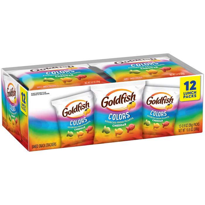 Goldfish® Colors Cheddar Crackers, 12 count box, 0.9 oz, bag - Left Angle Image