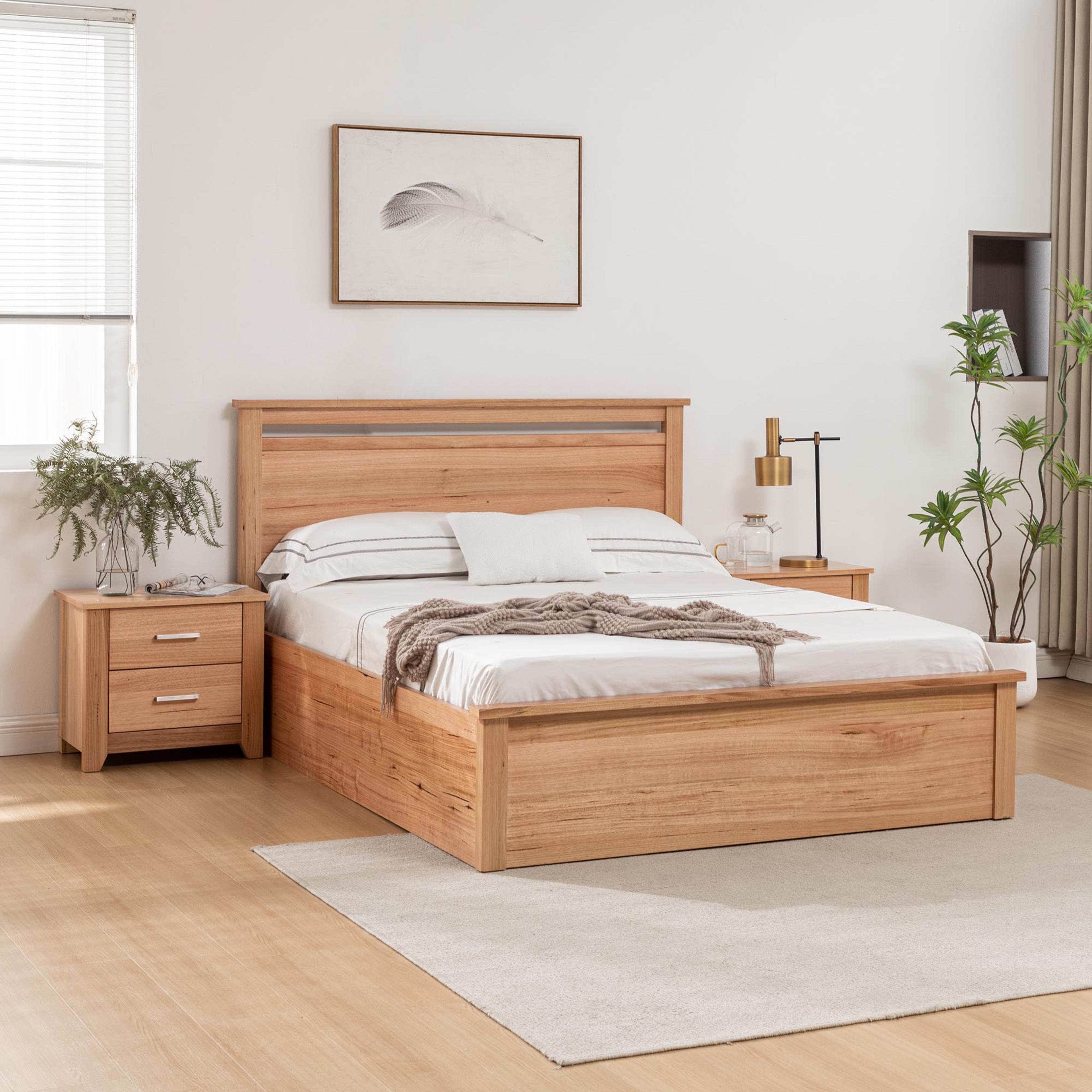 Lifestyle image of the  Portland Bed Frame, Gas Lift Base, Natural from Forty Winks
