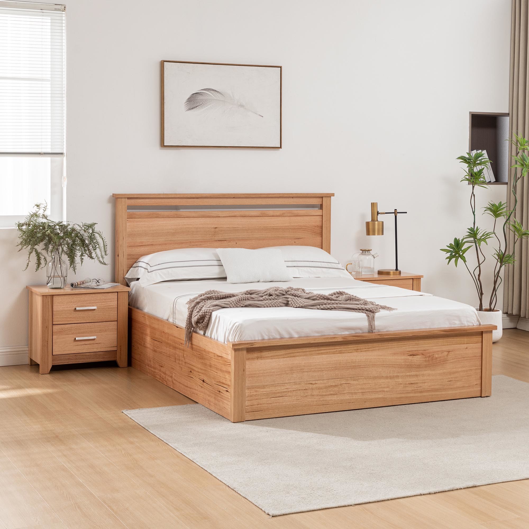 Lifestyle image of the Portland Bed Frame, Gas Lift Base, Natural from Forty Winks