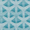 Teal-and-white woven fabric with repeating diamond motifs, tightly woven and flat, shown in close-up under diffuse even lighting, emphasizing the textured interlaced pattern.