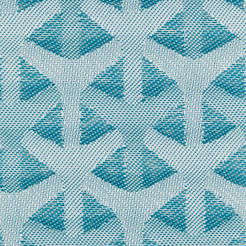 Teal-and-white woven fabric with repeating diamond motifs, tightly woven and flat, shown in close-up under diffuse even lighting, emphasizing the textured interlaced pattern.