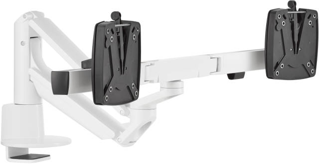 The Novus CLU Plus X2 monitor arm in white at its lowest viewing level.