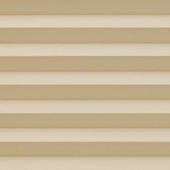 Beige horizontal slatted blinds covering the window, fully closed with evenly spaced slats; filtering soft diffuse light into an interior space with neutral walls and no visible view.