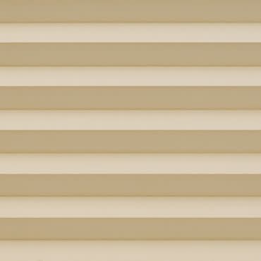 Beige horizontal slatted blinds covering the window, fully closed with evenly spaced slats; filtering soft diffuse light into an interior space with neutral walls and no visible view.