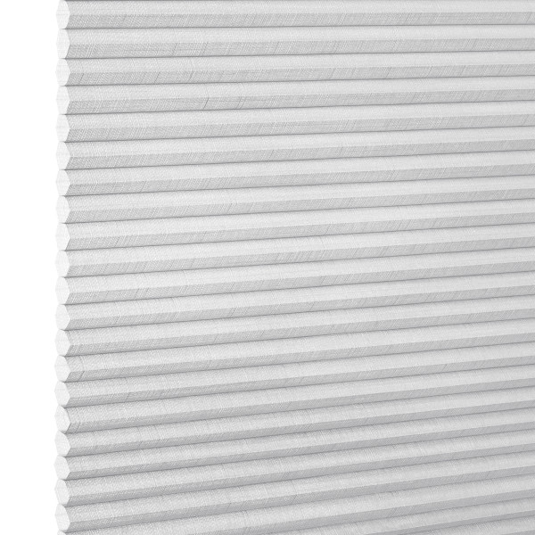 White honeycomb cellular shade, fully lowered with horizontal pleats and subtle linen texture; closed, diffusing soft light; fills a bright interior window opening, neutral minimalist room lighting.