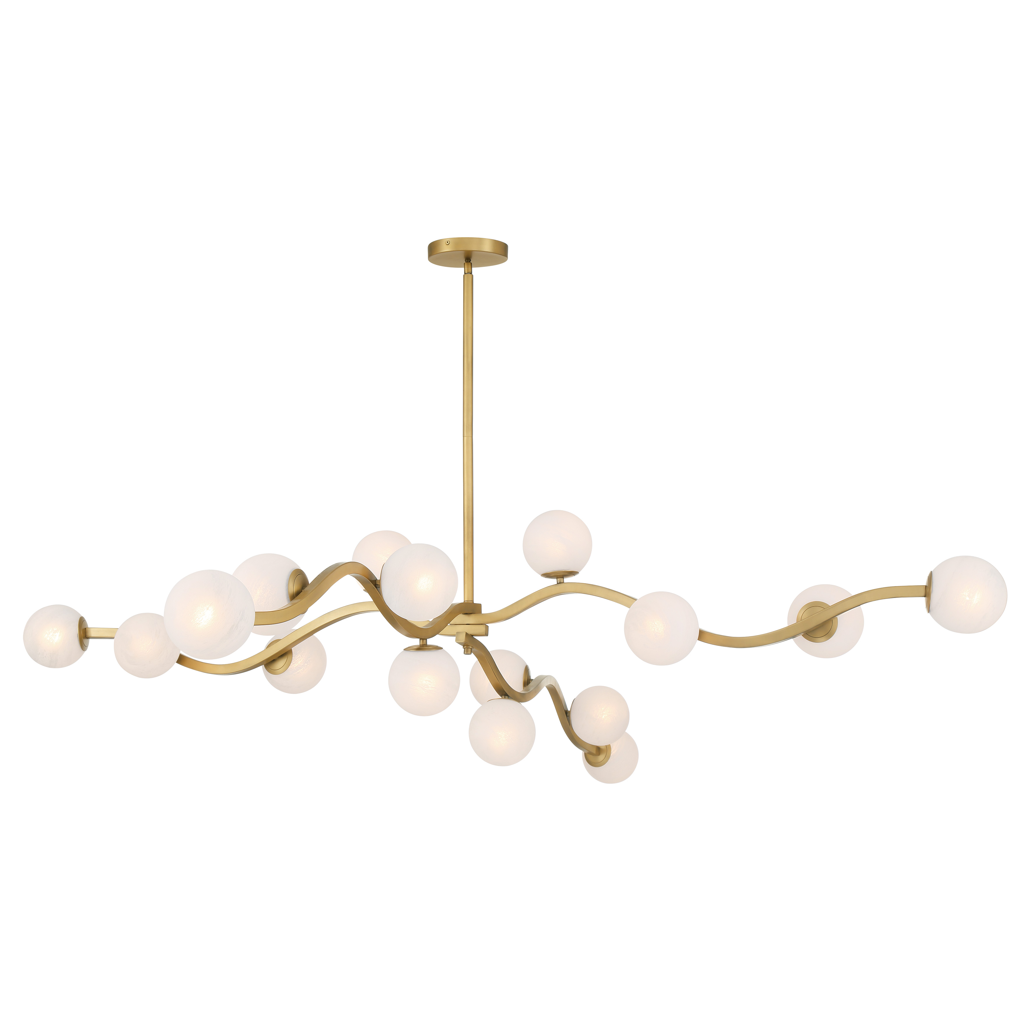 The Curven 75" chandelier makes a dramatic impact with 16 lights spanning over 6 feet. Its Legacy Brass finish and etched alabaster glass create warm, diffused illumination perfect for large dining rooms and commercial spaces. - alternate view