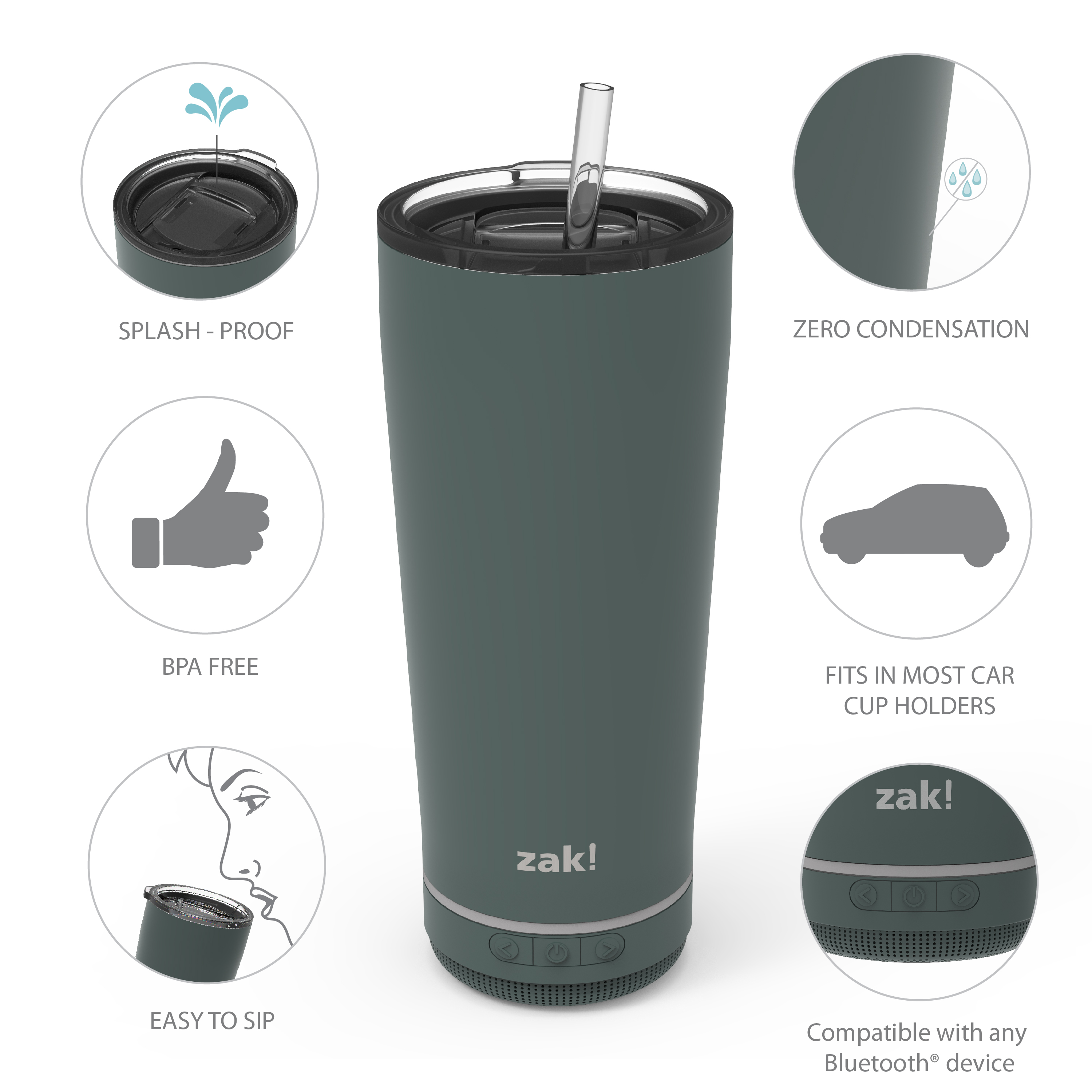 Zak Play 18 ounce Stainless Steel Tumbler with Bluetooth Speaker, Gray slideshow image 4 Zak Play 18 ounce Stainless Steel Tumbler with Bluetooth Speaker, Gray slideshow image 4