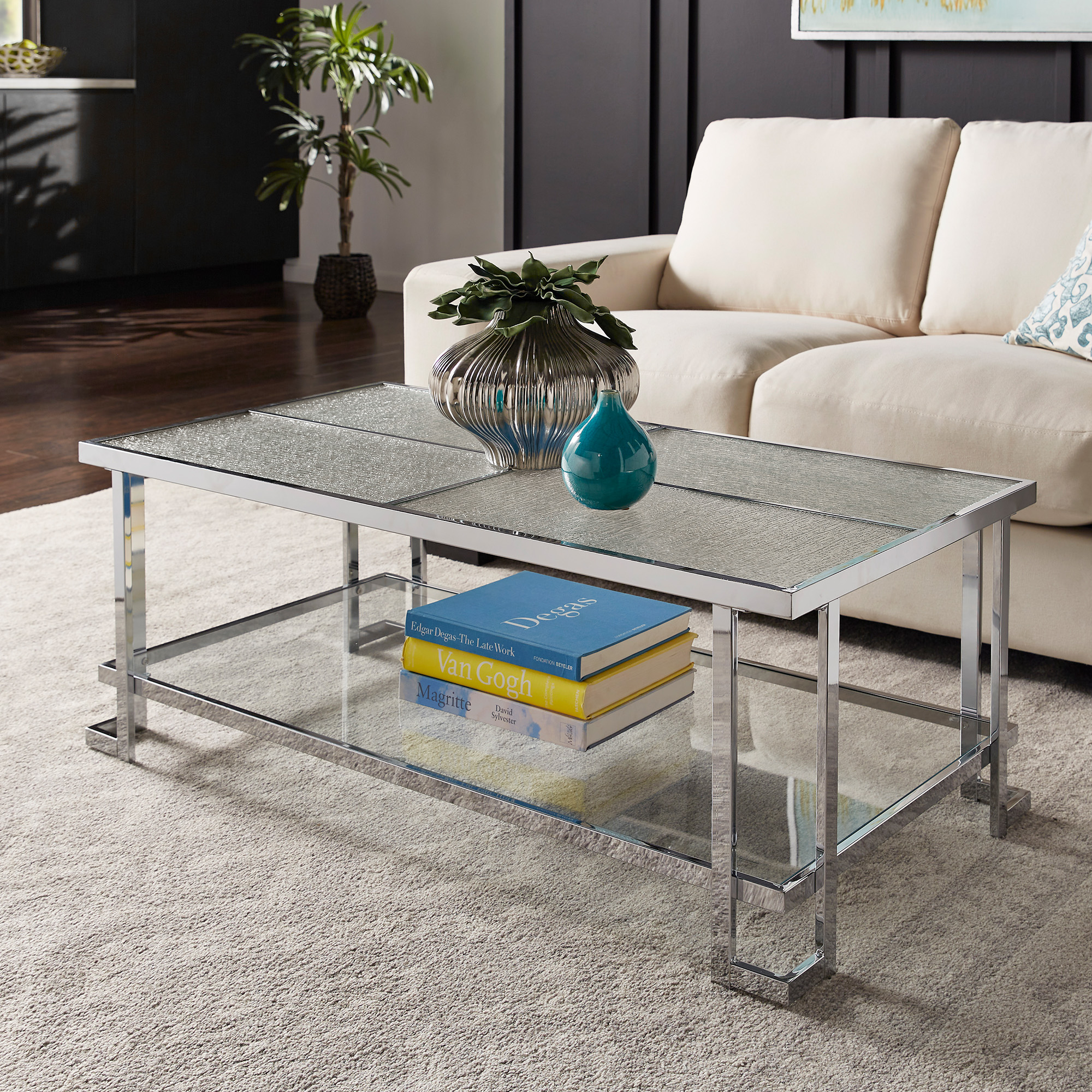 Chrome Finish Coffee Table with Textured Glass Top