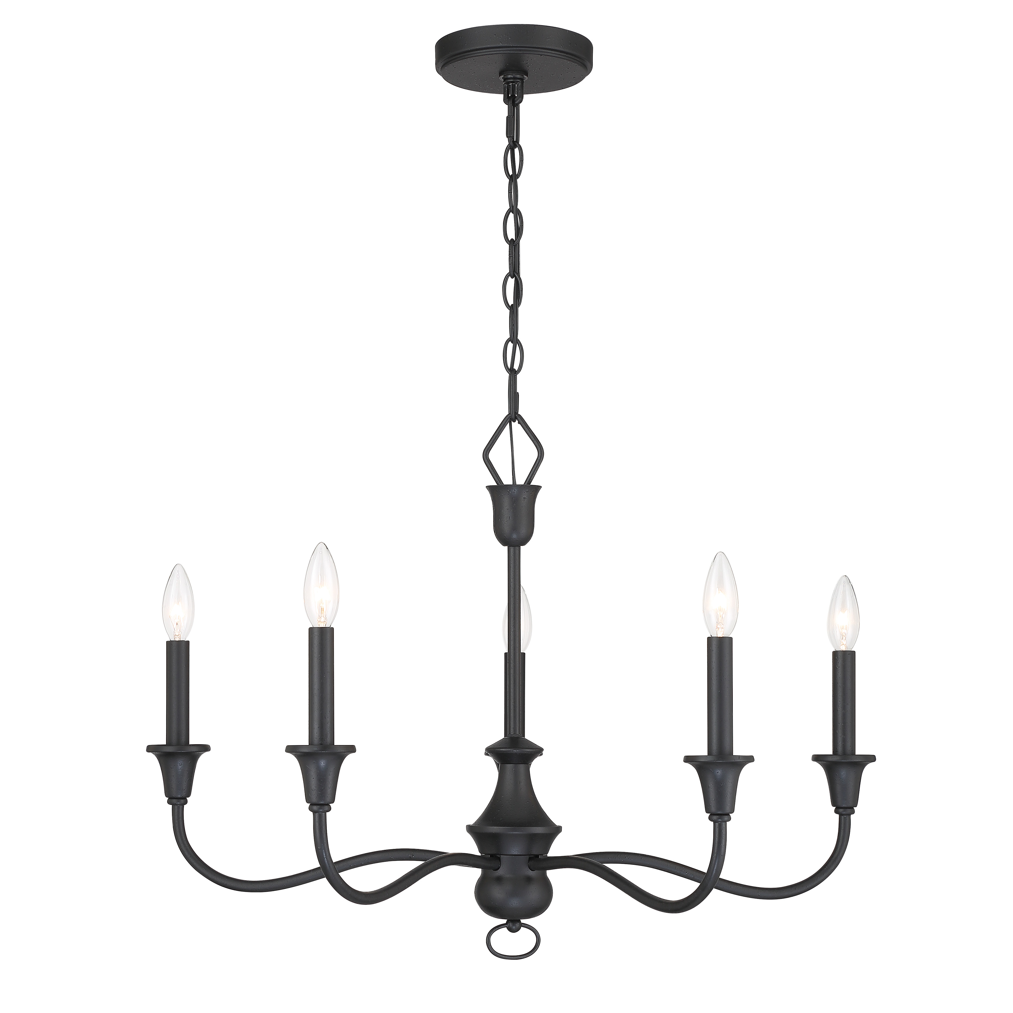 The Halifax County chandelier brings traditional elegance with a modern edge through its textured coal black finish. Five candelabra lights provide ample illumination while the steel construction ensures durability. - alternate view