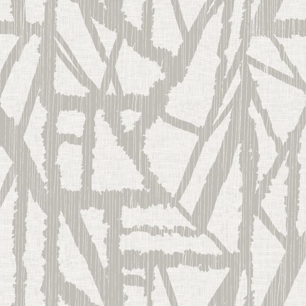 Beige-gray jagged geometric print on off-white textured fabric (wallpaper), repeating across the surface; flat, evenly lit close-up showing overlapping vertical and diagonal bands.