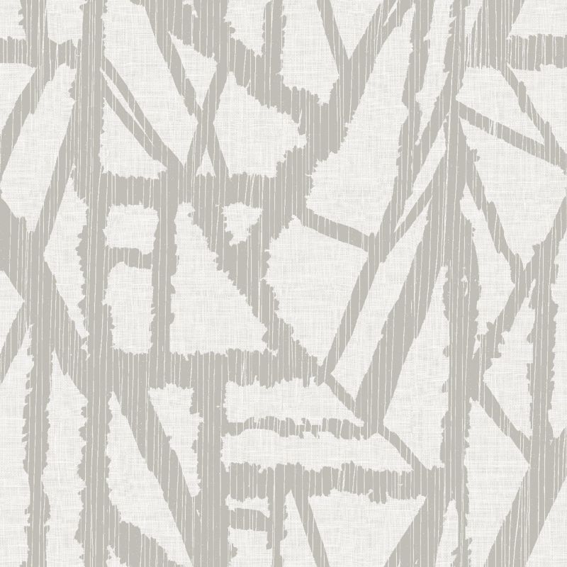 Beige-gray jagged geometric print on off-white textured fabric (wallpaper), repeating across the surface; flat, evenly lit close-up showing overlapping vertical and diagonal bands.
