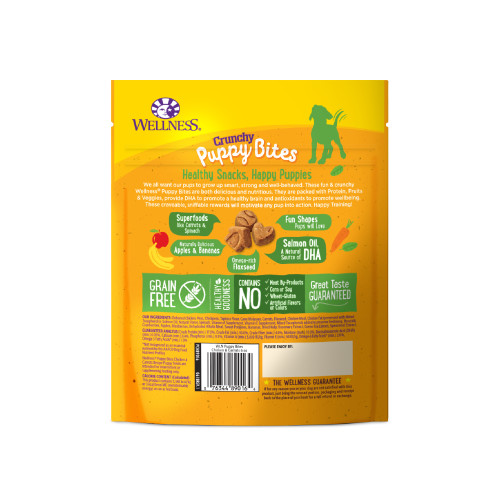 Wellness Puppy Bites Crunchy Chicken & Carrots back packaging