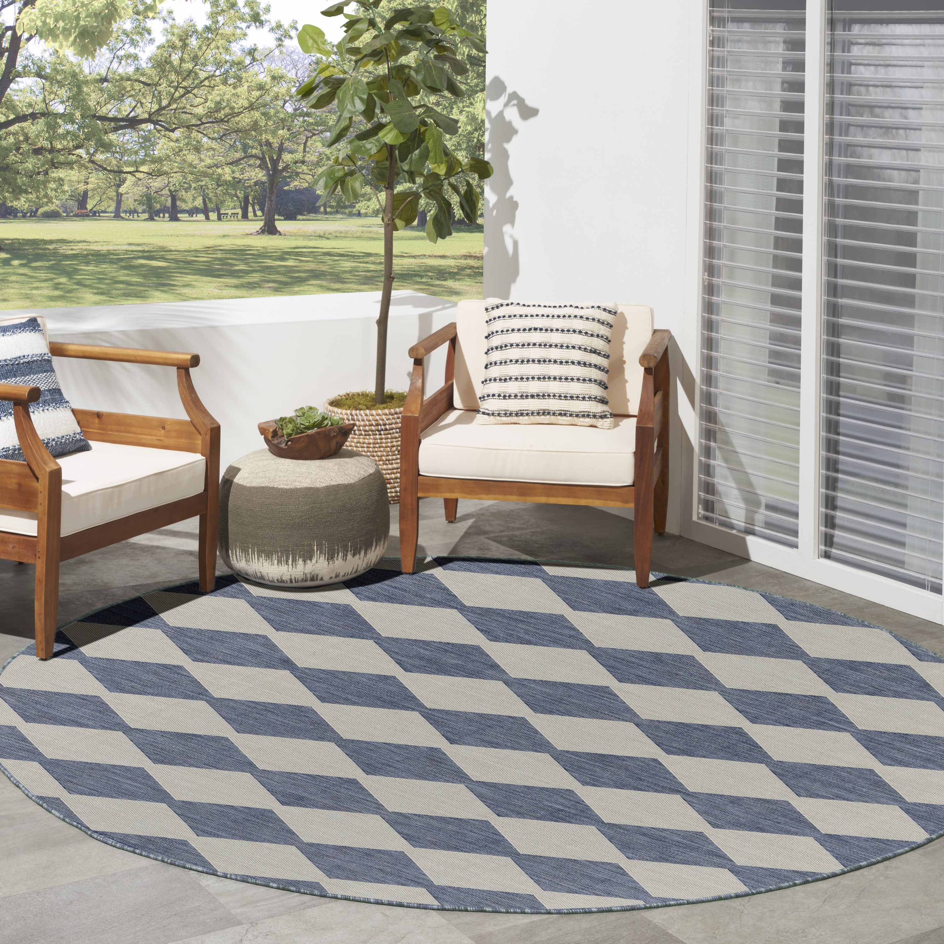 Nourison Positano 8' x Round Navy Blue Modern Rug