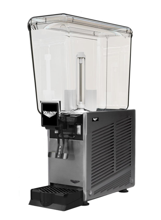 Refrigerated beverage dispenser with one 5.28-gallon bowl and fountain spray circulation