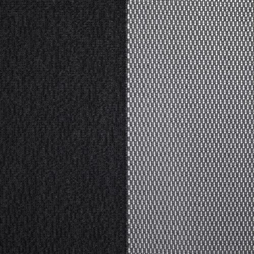 Two window dressings â€” a solid black blackout curtain (left) and a white woven sheer panel (right) â€” hang closed, the sheer filtering light; close-up interior view with neutral lighting.