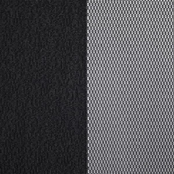 Two window dressings — a solid black blackout curtain (left) and a white woven sheer panel (right) — hang closed, the sheer filtering light; close-up interior view with neutral lighting.