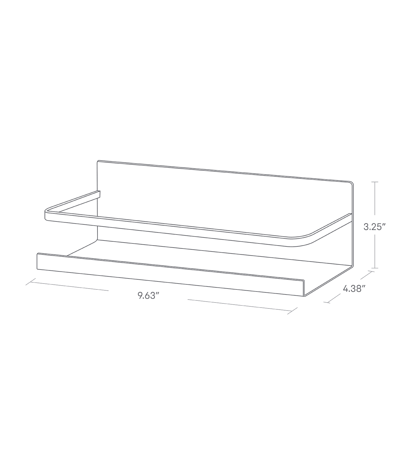 Image dimensionnelle du chariot de rangement magnétique montrant une hauteur de conteneur de 3,25 po, une longueur de 4,38 po et une largeur de 9,63 po