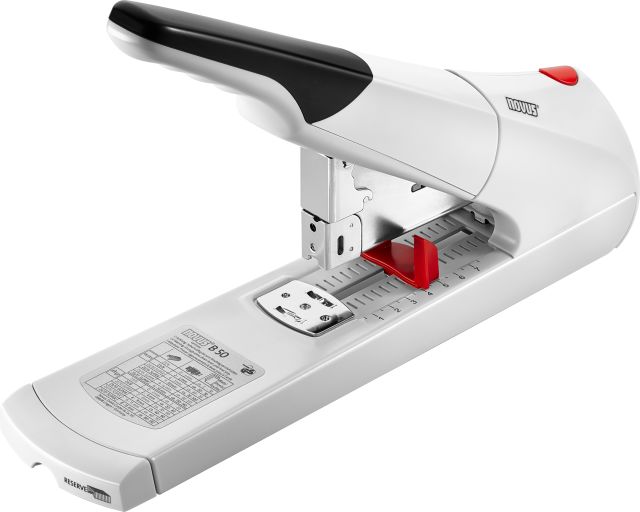 High capacity stapler with adjustable depth guide to easily staple up to 140 sheets.