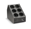 Six-compartment countertop flatware organizer with removable black perforated cylinders