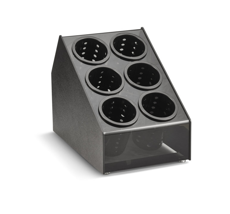 Six-compartment countertop flatware organizer with removable black perforated cylinders