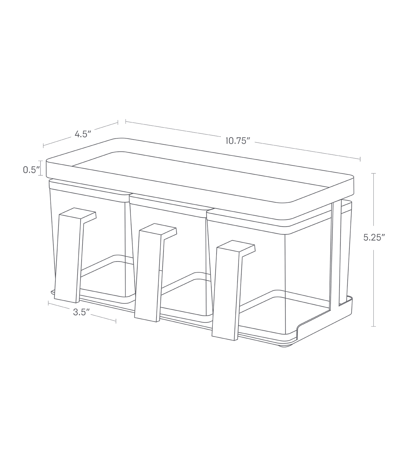 Dimension Image for Pantry Organizer on a white background showing height of 5.25 inches, width of 10.75 inches, length of 4.5 inches, rack lip height of .5 inches, and each container width of 3.5 inches.