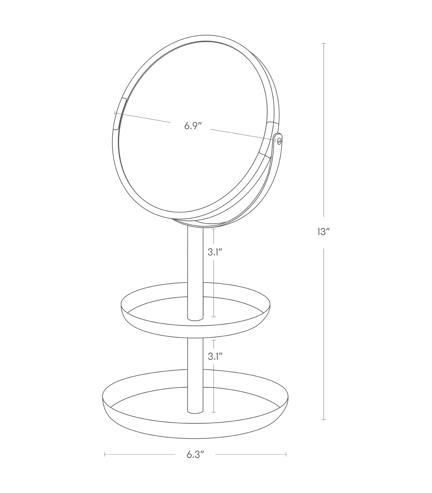 Dimension image for Two-Tier Jewelry Tray With Mirror on a white background including dimensions L 6.3 x W 6.89 x H 12.99 inches