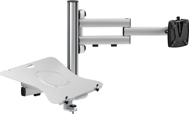 A complete workstation designed to elevate a laptop and a monitor.