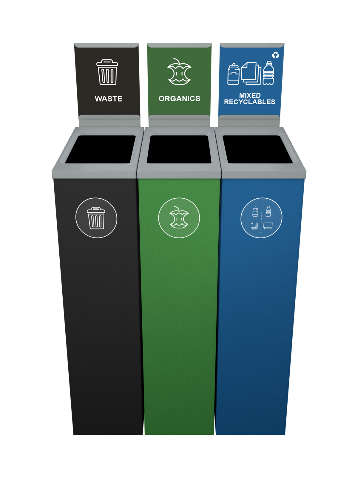 SPECTRUM – Triple – Kit – Waste-Organics-Mixed Recyclables – Full – Black-Dark Green-Blue
