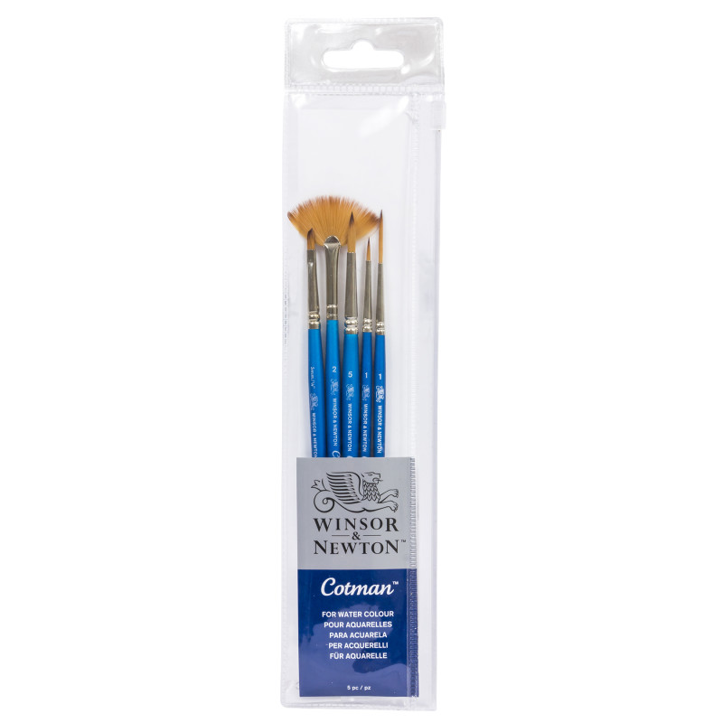 Cotman Watercolor Brushes, Set of 5 (Round 1 & 5, Rigger 3, Angled 1/8", Fan 2)