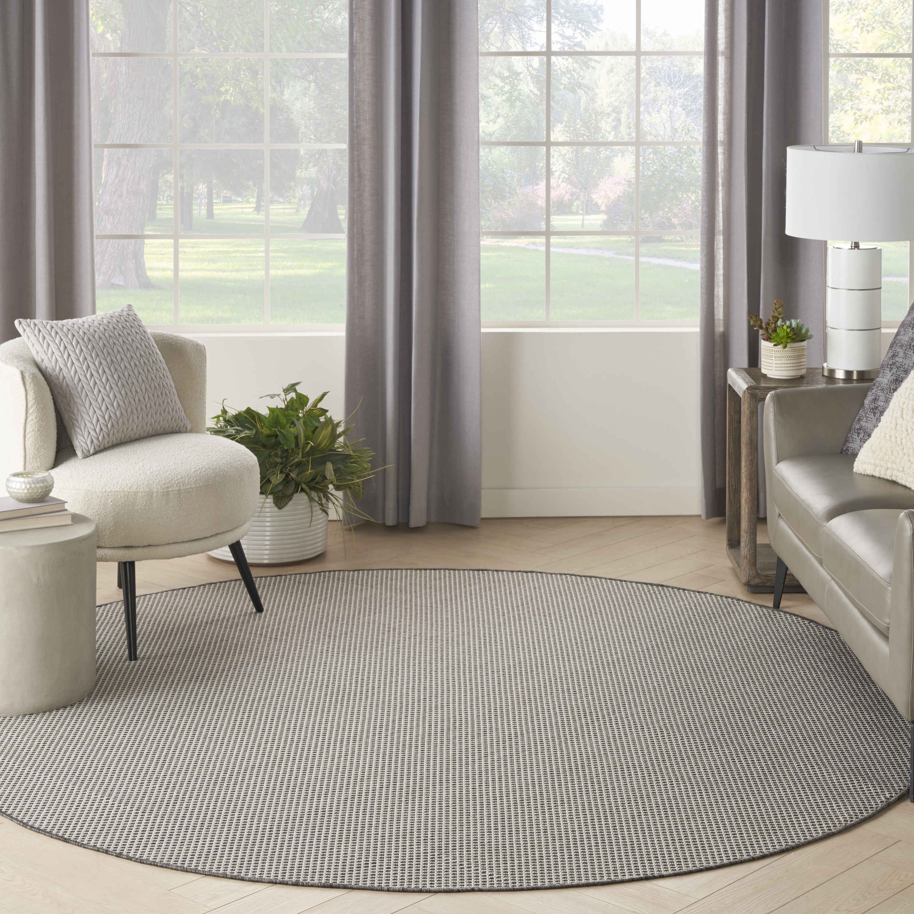 Nourison Courtyard 8' x Round Ivory Charcoal Modern Rug