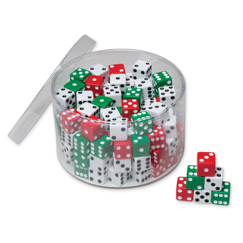 Drum of Dice, Assorted Red, Green & White, 0.625" x 0.625", 144 Pieces