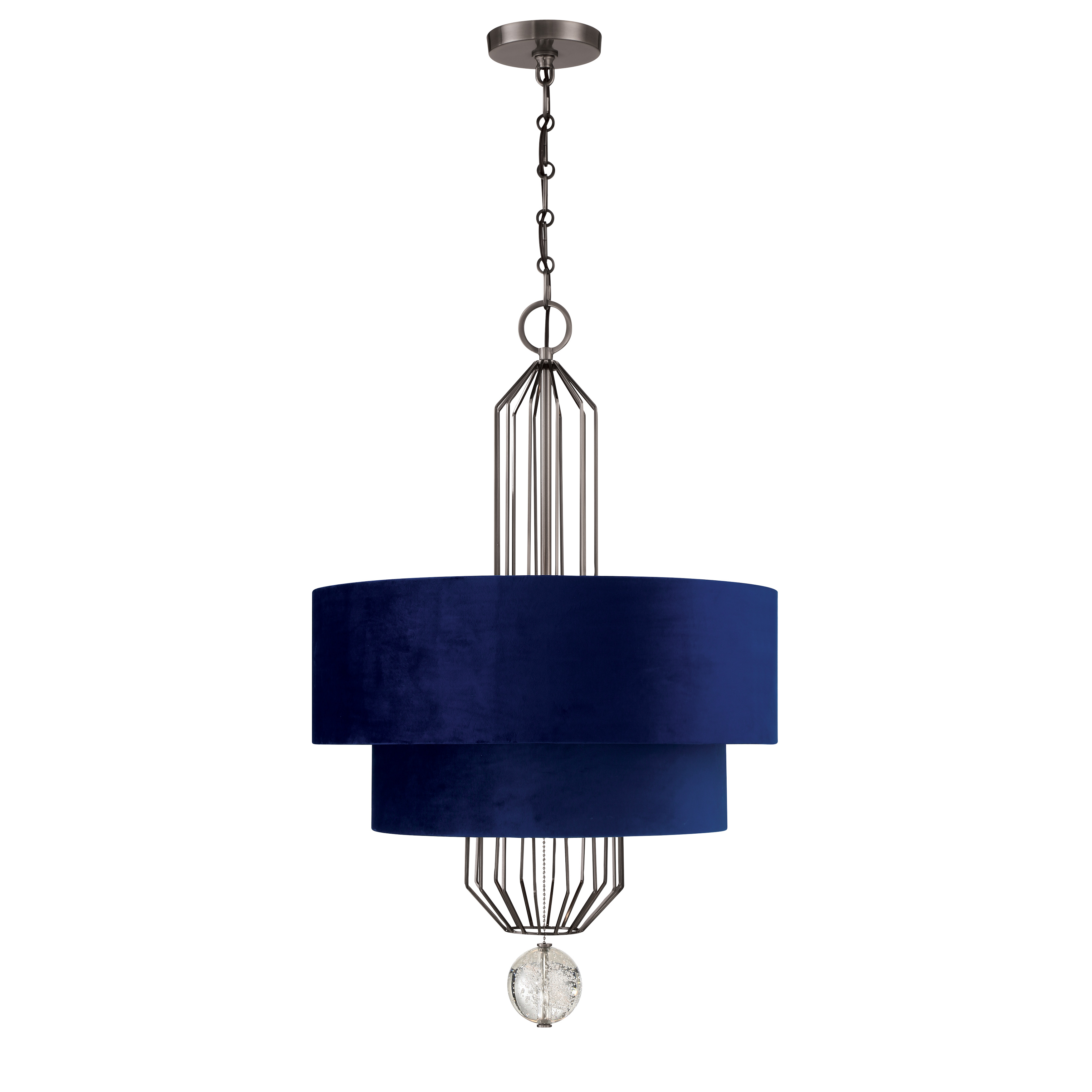 The Grandeur pendant combines timeless elegance with luxurious materials. Eight candelabra lights illuminate through a sophisticated blue velvet drum shade, while crystal accents and aged antique nickel finish add refined detail. - alternate view