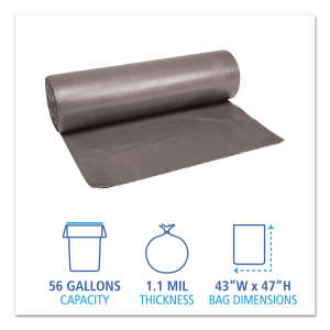 Boardwalk,  LLDPE Liner, 56 gal Capacity, 43 in Wide, 47 in High, 1.1 Mils Thick, Gray